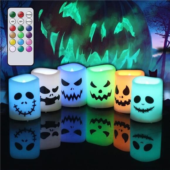 New 6pack Halloween Flameless Votive Candles Color Changing with Remote Timer, - Picture 1 of 6